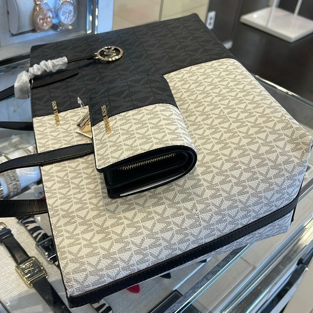 Michael Kors Jet Set Medium Two-Tone Logo Tote & Medium Two-Tone Logo Wallet NWT